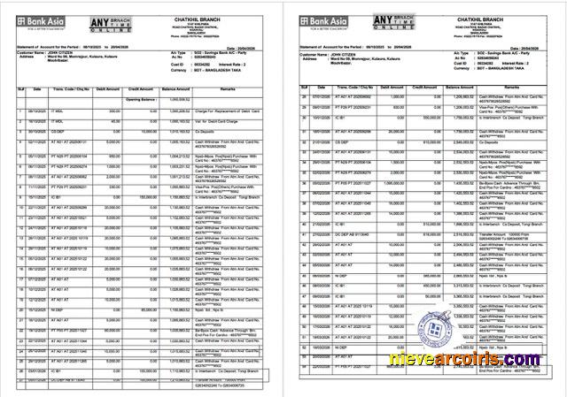 Bangladesh Bank Asia PLC statement of account Word and PDF, 2 pages
